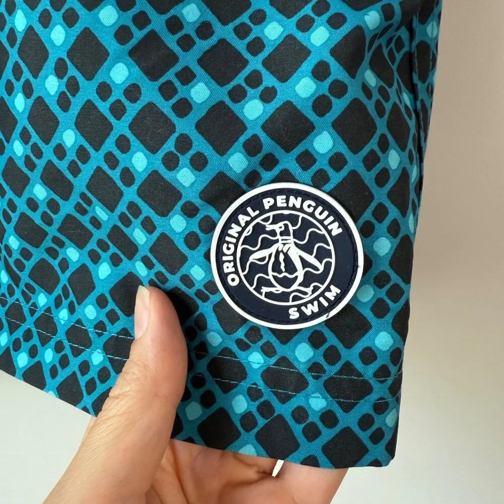 Original Penguin All-Over Geo Print Swim Short Mens Size XXL Teal‎ Black